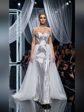 White all over print mesh, Sequined, Mermaid Maxi Gown